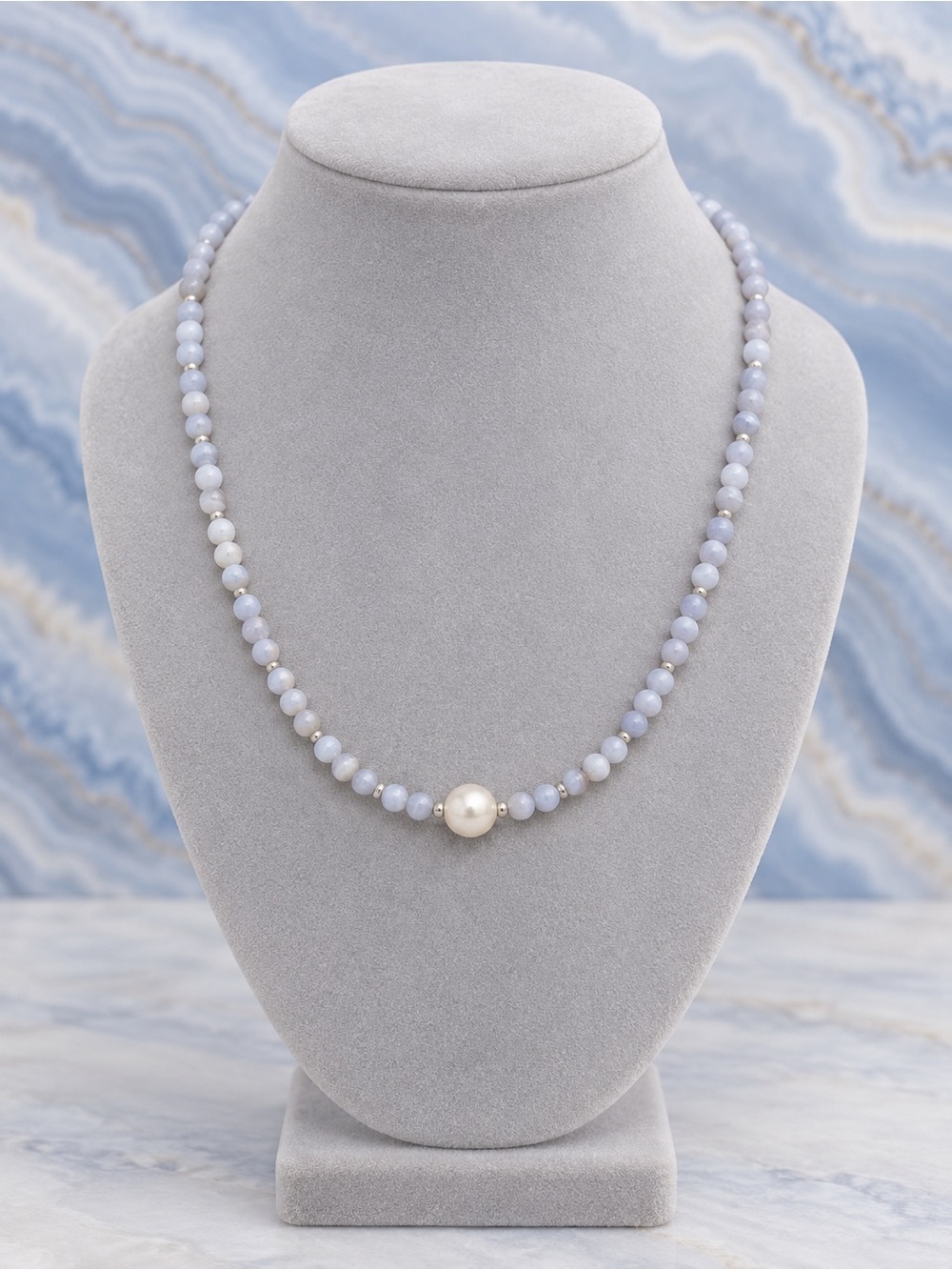 Artisan Delicate Blue Lace Agate & Pearl Necklace